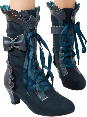 Womenyiaor Victorian Boots for Women Halloween Boots Lace Up Renaissance Boots 70s Vintage Boots Costume Witch Shoes Low Heel Goth Boots Mid Calf Boots