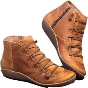 Womenyiaor Women's Ankle Boots, Arch Support, Fashion Lace Up & Side Zipper, Vintage Retro Ankle Booties, Comfortable Slip On, Flat Low Heel Boots, Fall Boots, Grey