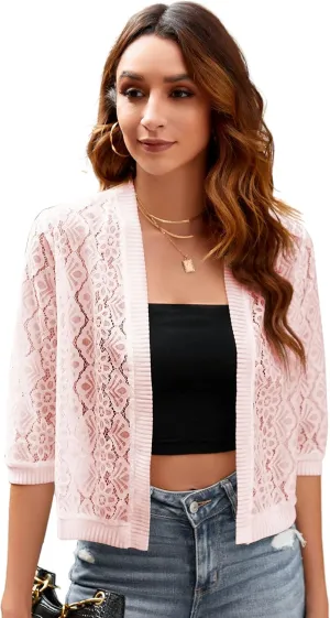 Xunger Women’s 3/4 Sleeve Lace Cardigan Casual Open Front Floral Lace Shrug Summer Cover Up