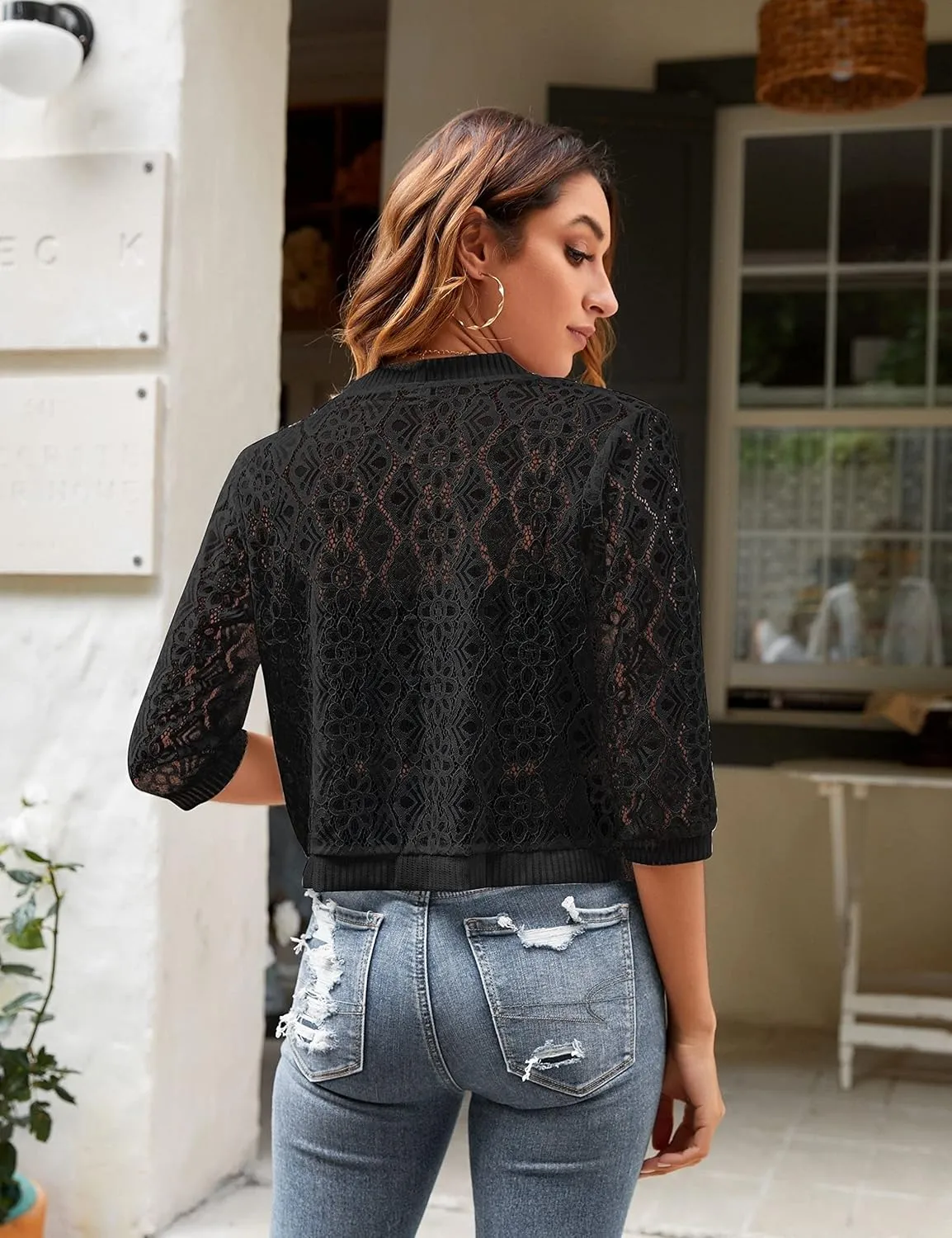 Xunger Women’s 3/4 Sleeve Lace Cardigan Casual Open Front Floral Lace Shrug Summer Cover Up