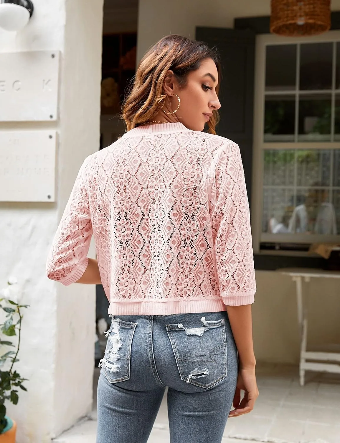 Xunger Women’s 3/4 Sleeve Lace Cardigan Casual Open Front Floral Lace Shrug Summer Cover Up