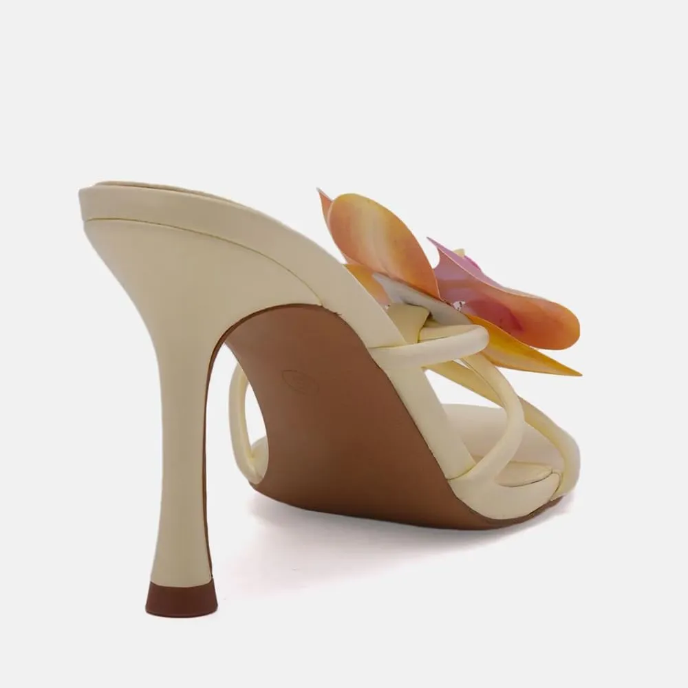 YIYA Women's 3D Flower Strappy Kitten Heels Sandals Elegant Open Round Toe Slip On Slide Floral Slingback Mules Cute Wedding Vacation Party Summer Dress Shoes