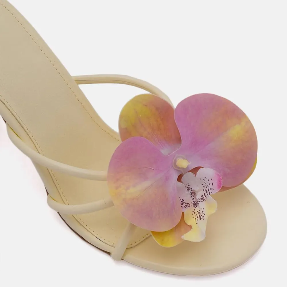YIYA Women's 3D Flower Strappy Kitten Heels Sandals Elegant Open Round Toe Slip On Slide Floral Slingback Mules Cute Wedding Vacation Party Summer Dress Shoes