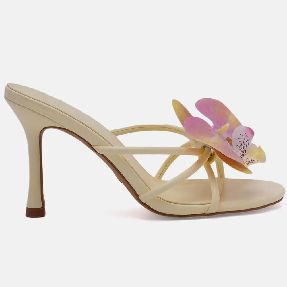 YIYA Women's 3D Flower Strappy Kitten Heels Sandals Elegant Open Round Toe Slip On Slide Floral Slingback Mules Cute Wedding Vacation Party Summer Dress Shoes