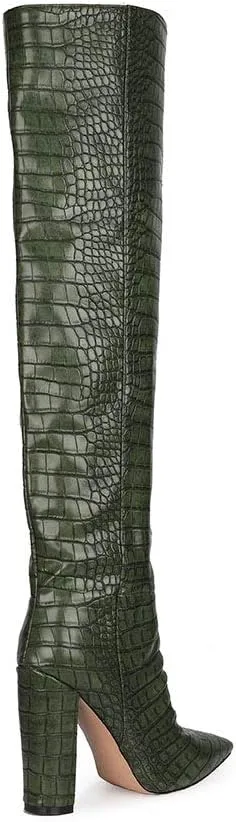 YIYA Women's Metallic Over the Knee High Boots Pointed Toe Chunky Mid Heel Thigh High Fashion Dress Boots Zipper Long Boots
