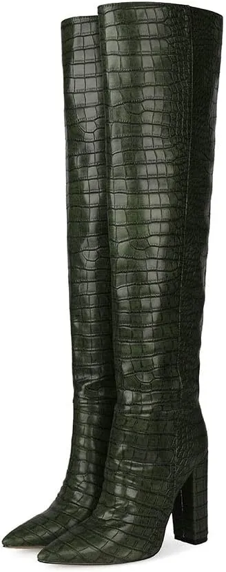 YIYA Women's Metallic Over the Knee High Boots Pointed Toe Chunky Mid Heel Thigh High Fashion Dress Boots Zipper Long Boots