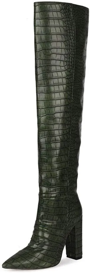 YIYA Women's Metallic Over the Knee High Boots Pointed Toe Chunky Mid Heel Thigh High Fashion Dress Boots Zipper Long Boots
