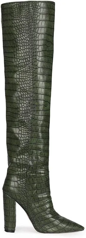YIYA Women's Metallic Over the Knee High Boots Pointed Toe Chunky Mid Heel Thigh High Fashion Dress Boots Zipper Long Boots