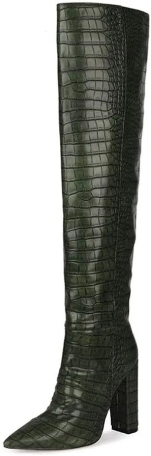 YIYA Women's Metallic Over the Knee High Boots Pointed Toe Chunky Mid Heel Thigh High Fashion Dress Boots Zipper Long Boots