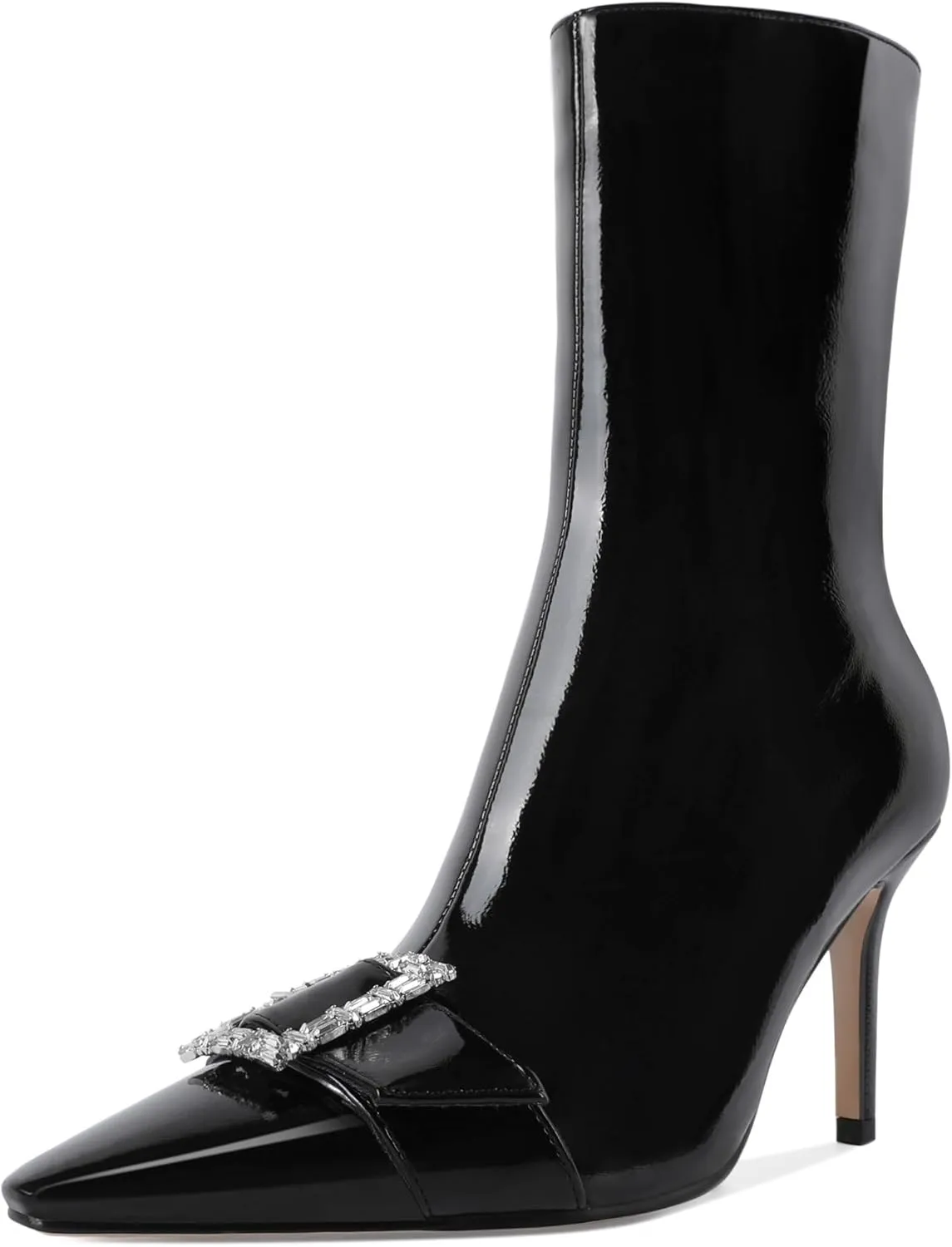 YODEKS Ankle Boots For Women Short Boots Pointed Toe 3.5 Inch High Heel Boots Rhinestone Buckle Boots