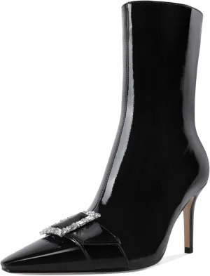 YODEKS Ankle Boots For Women Short Boots Pointed Toe 3.5 Inch High Heel Boots Rhinestone Buckle Boots