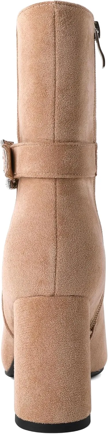 YODEKS Ankle Boots For Women Short Boots Round Toe Chunky Heel Boots Rhinestone Buckle Side Zip Boots
