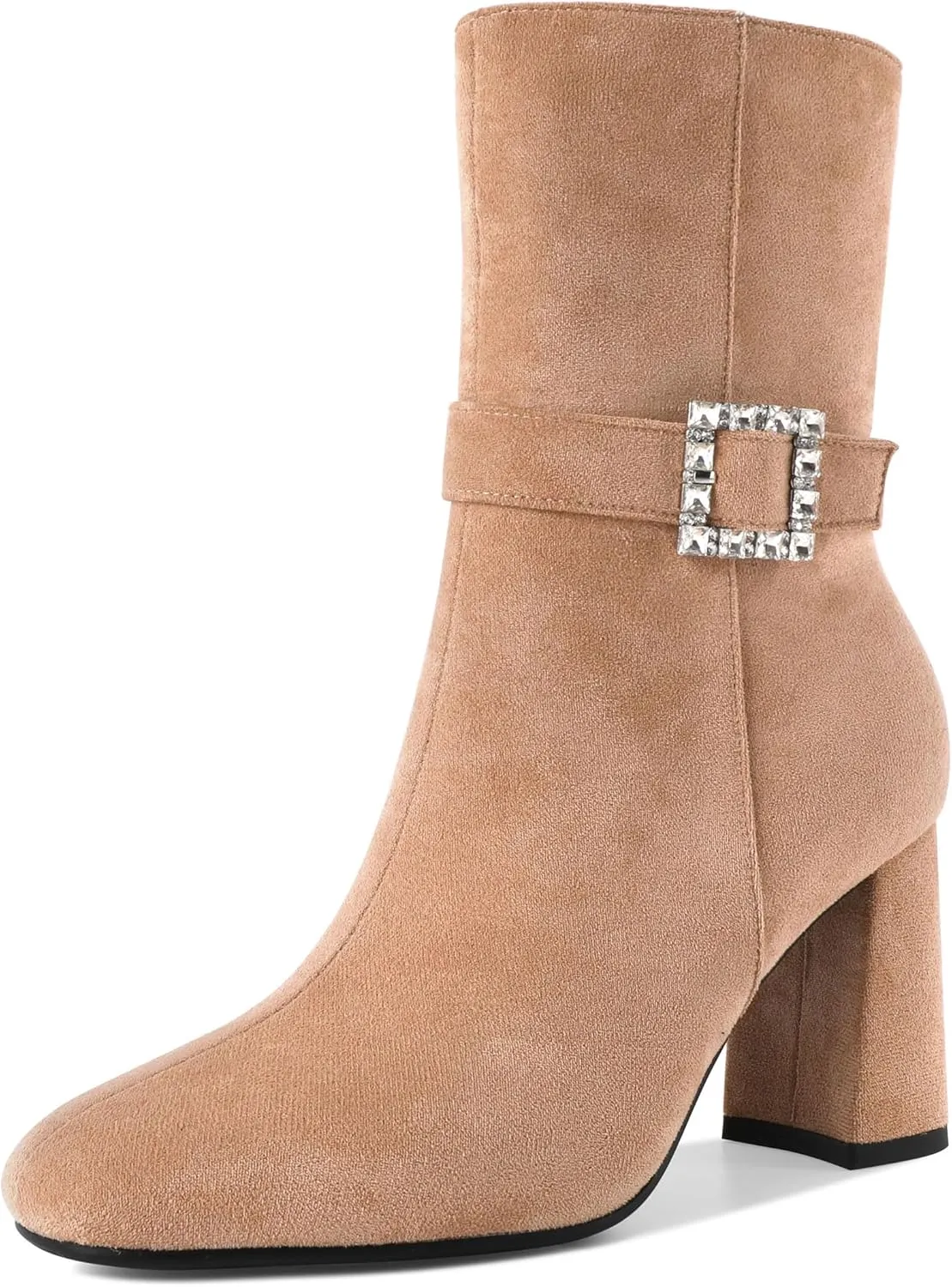 YODEKS Ankle Boots For Women Short Boots Round Toe Chunky Heel Boots Rhinestone Buckle Side Zip Boots