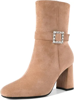 YODEKS Ankle Boots For Women Short Boots Round Toe Chunky Heel Boots Rhinestone Buckle Side Zip Boots