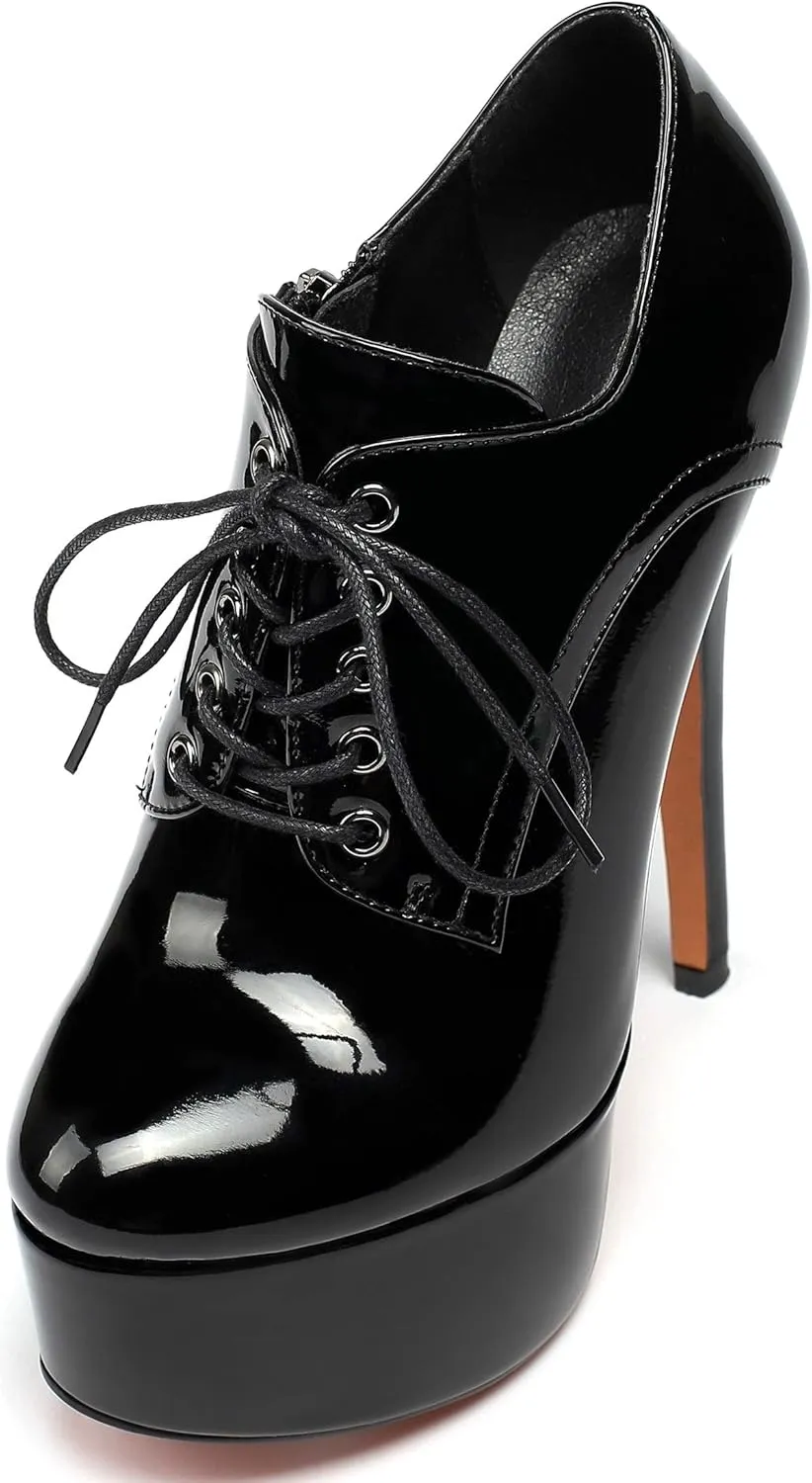 YODEKS Women's Platform Pumps Stiletto High Heel Ankle Bootie Lace Up Closed Toe Sexy Leather Short Boots