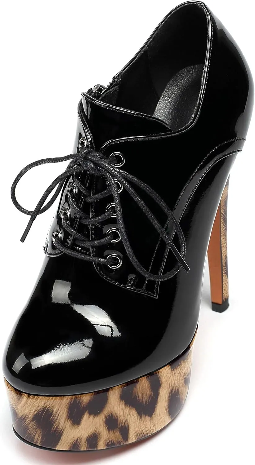YODEKS Women's Platform Pumps Stiletto High Heel Ankle Bootie Lace Up Closed Toe Sexy Leather Short Boots