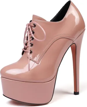 YODEKS Women's Platform Pumps Stiletto High Heel Ankle Bootie Lace Up Closed Toe Sexy Leather Short Boots