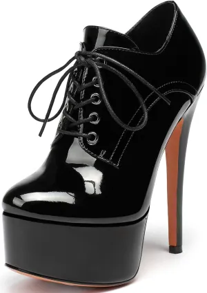 YODEKS Women's Platform Pumps Stiletto High Heel Ankle Bootie Lace Up Closed Toe Sexy Leather Short Boots