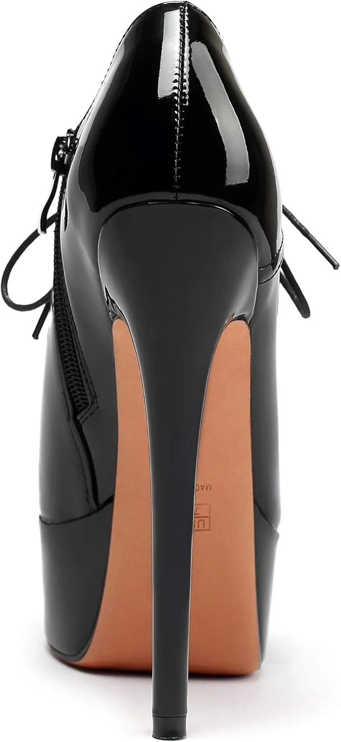 YODEKS Women's Platform Pumps Stiletto High Heel Ankle Bootie Lace Up Closed Toe Sexy Leather Short Boots