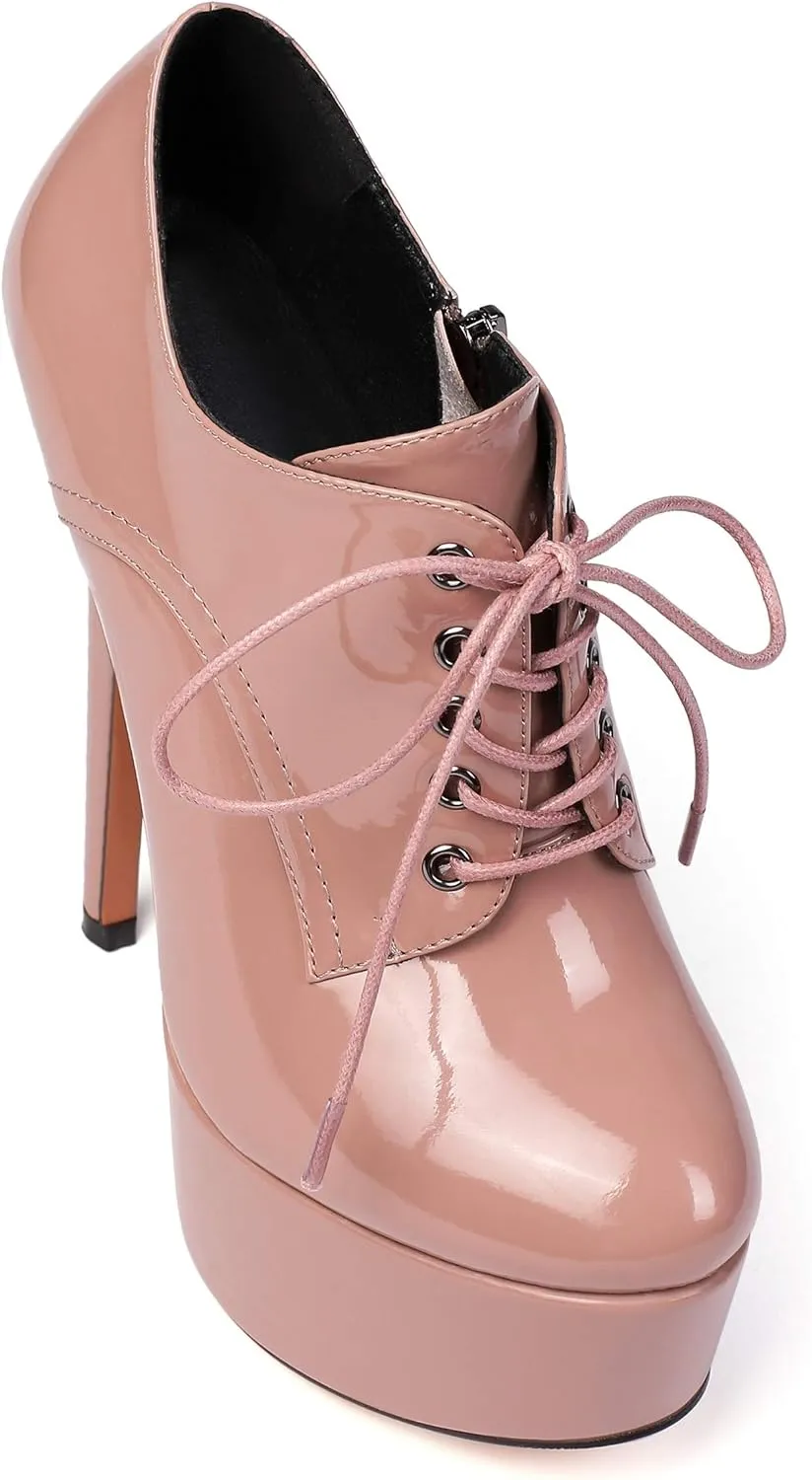 YODEKS Women's Platform Pumps Stiletto High Heel Ankle Bootie Lace Up Closed Toe Sexy Leather Short Boots