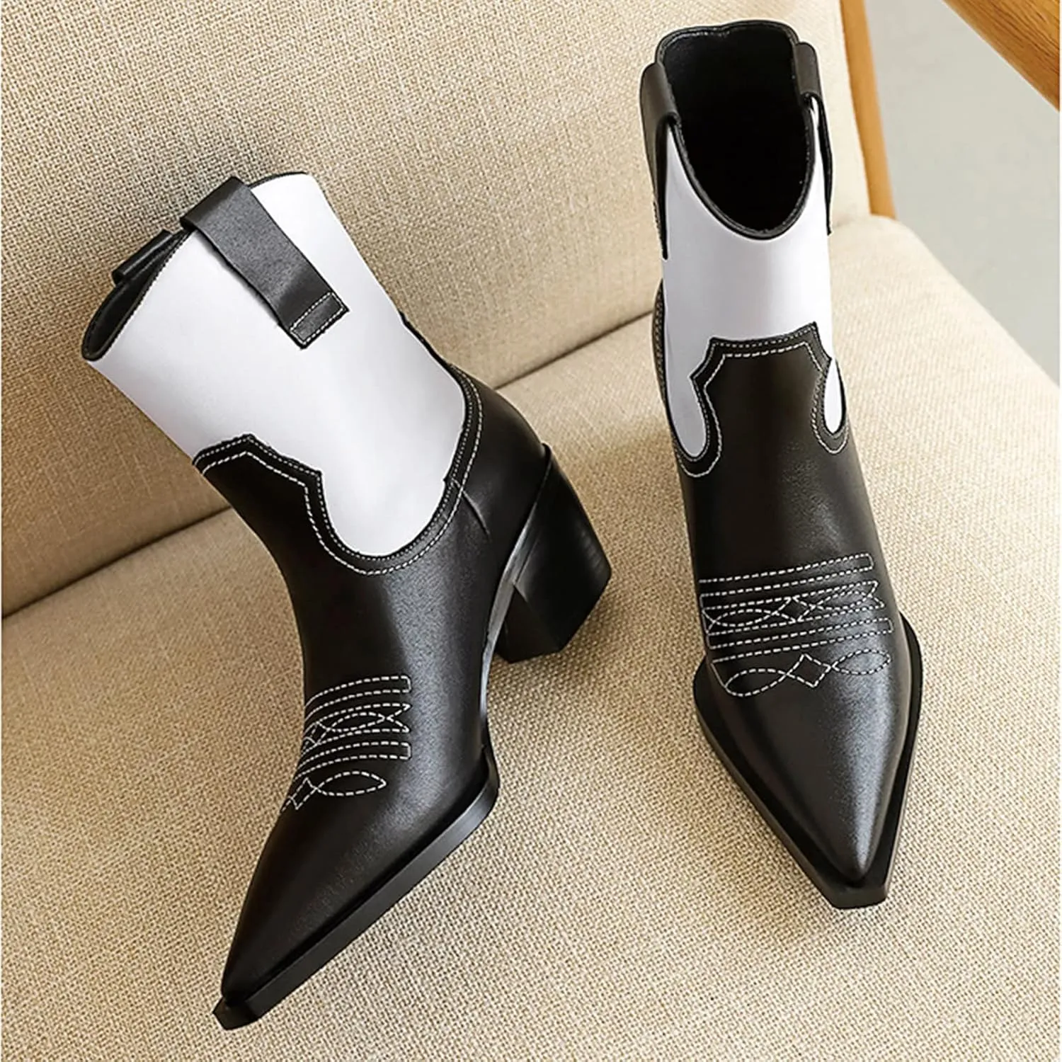 Yolkomo Western Cowgirl Boots for Women Wide Calf Low Heel Short Cowboy Boots