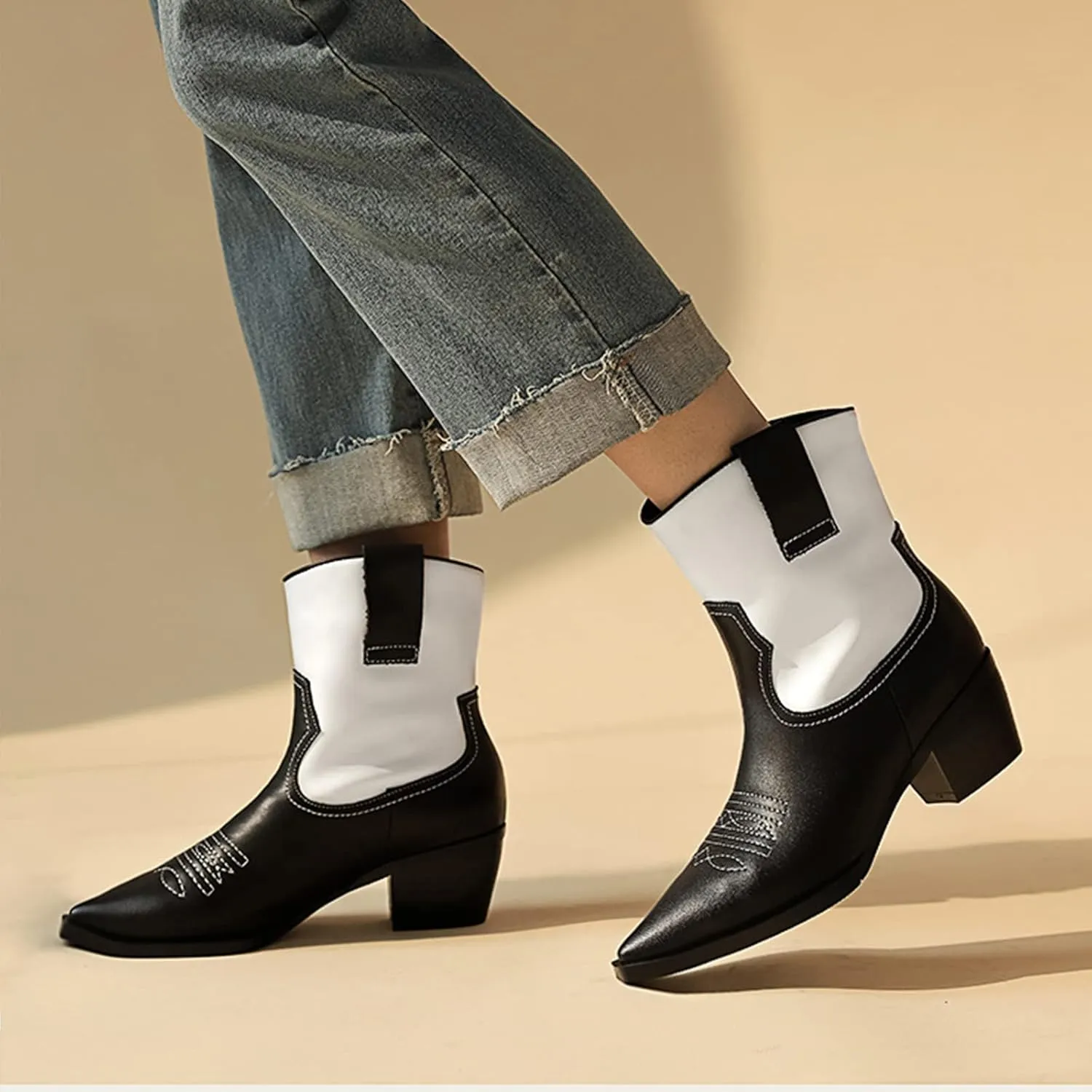 Yolkomo Western Cowgirl Boots for Women Wide Calf Low Heel Short Cowboy Boots