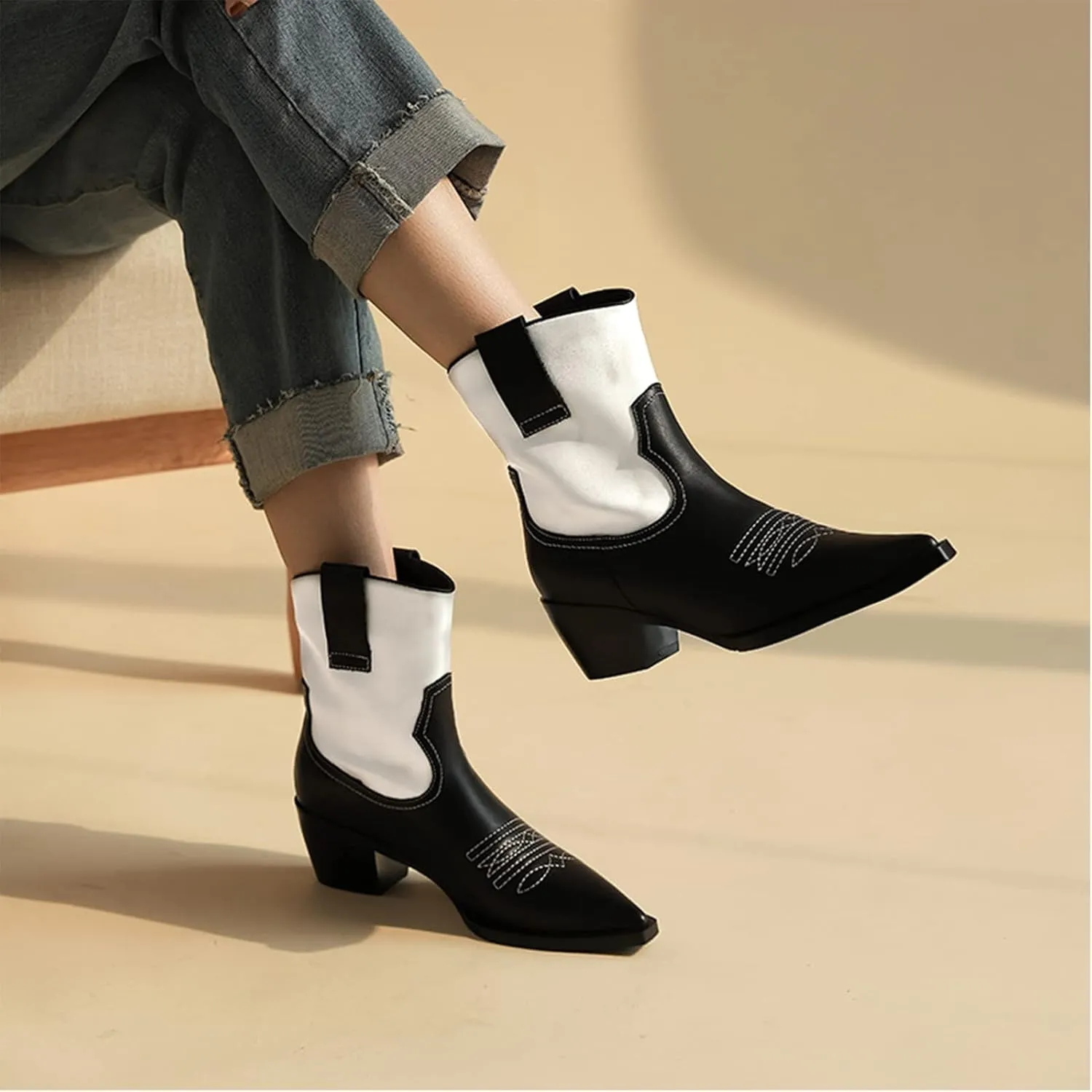 Yolkomo Western Cowgirl Boots for Women Wide Calf Low Heel Short Cowboy Boots