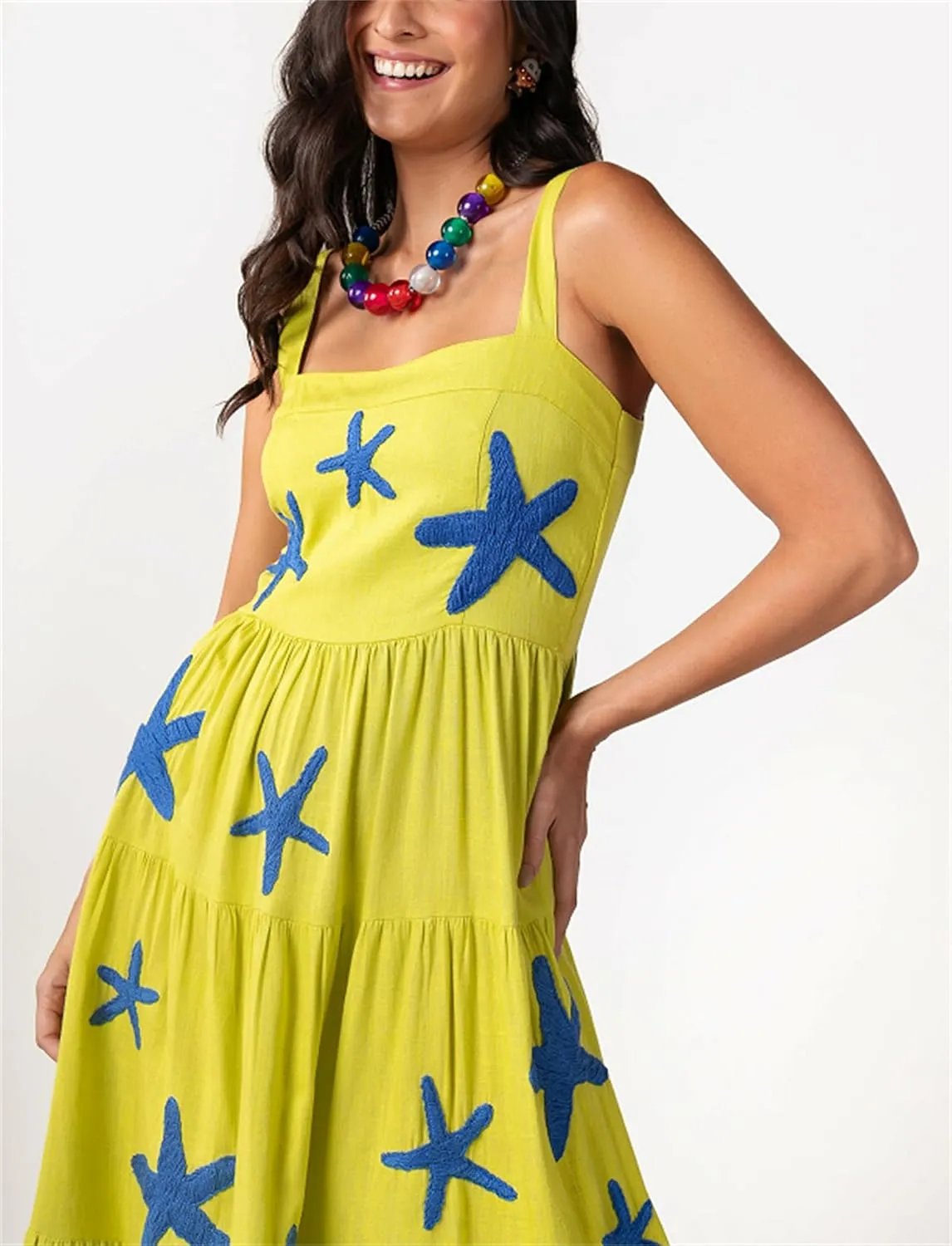 Yuemengxuan Women Cute Embroidered Maxi Dress Beach Dress Summer Boho Ruffle Long Dress Spaghetti Strap Flowy Maxi Dress