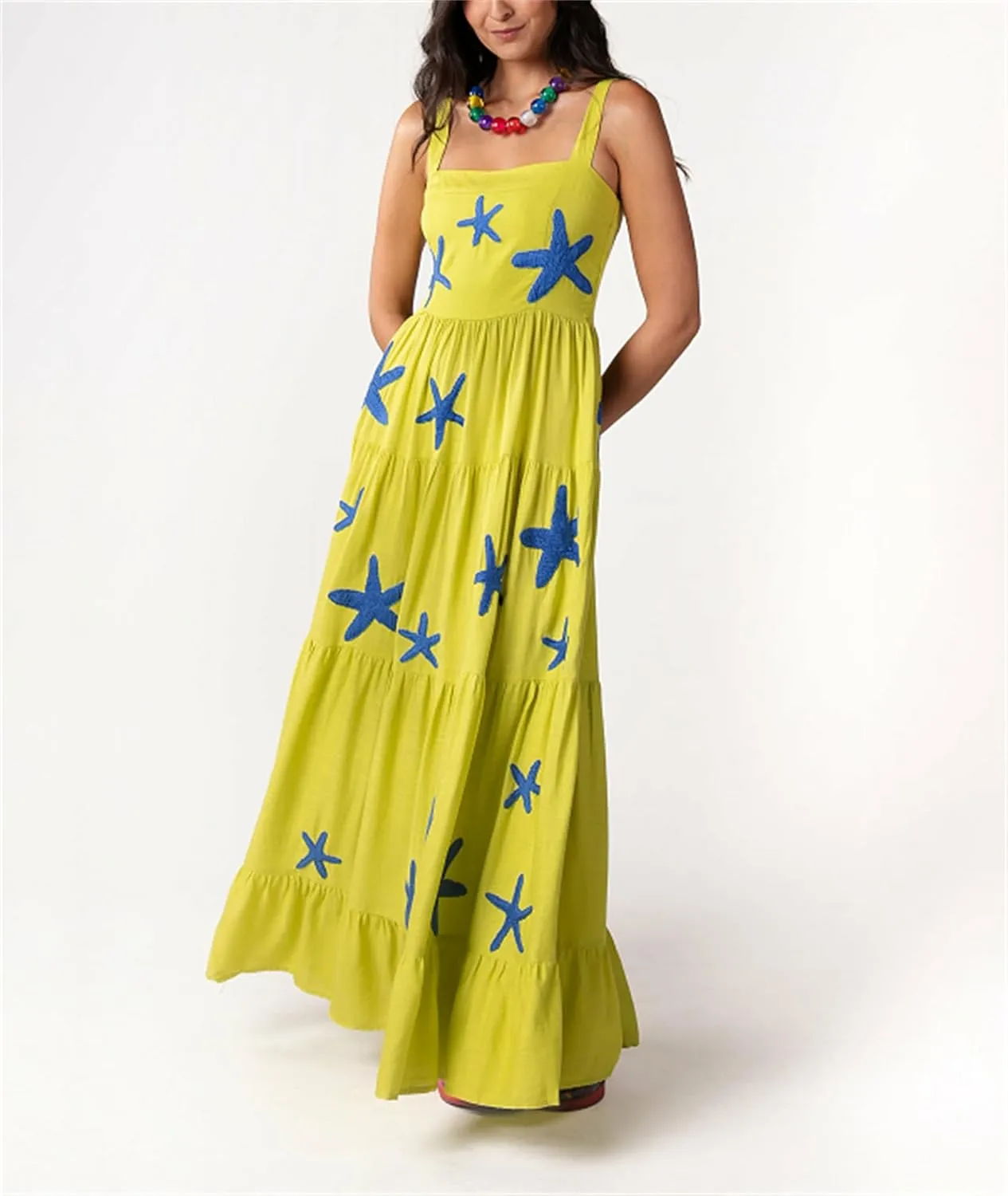 Yuemengxuan Women Cute Embroidered Maxi Dress Beach Dress Summer Boho Ruffle Long Dress Spaghetti Strap Flowy Maxi Dress