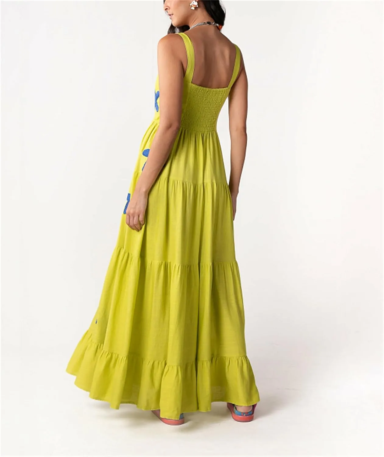 Yuemengxuan Women Cute Embroidered Maxi Dress Beach Dress Summer Boho Ruffle Long Dress Spaghetti Strap Flowy Maxi Dress