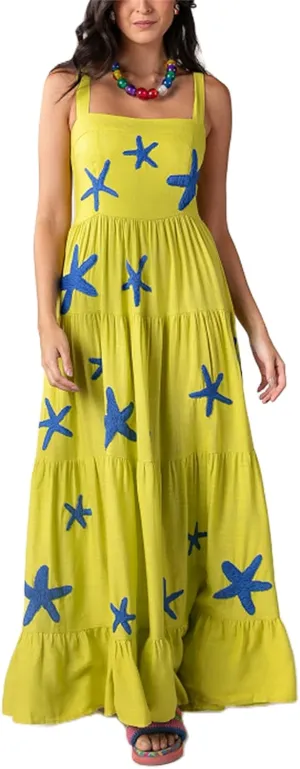 Yuemengxuan Women Cute Embroidered Maxi Dress Beach Dress Summer Boho Ruffle Long Dress Spaghetti Strap Flowy Maxi Dress