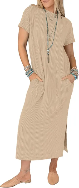 ZAFUL Women's 2025 Summer Casual Split Maxi Dress Pockets Crewneck Short Sleeves Double Slit Cotton Long T Shirt Dresses