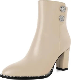 Zamikoo Chunky Heel Ankle Boots for Women Round Toe Beaded Heel Short Booties Fall Heel Boots Side Zipper 3 Inches