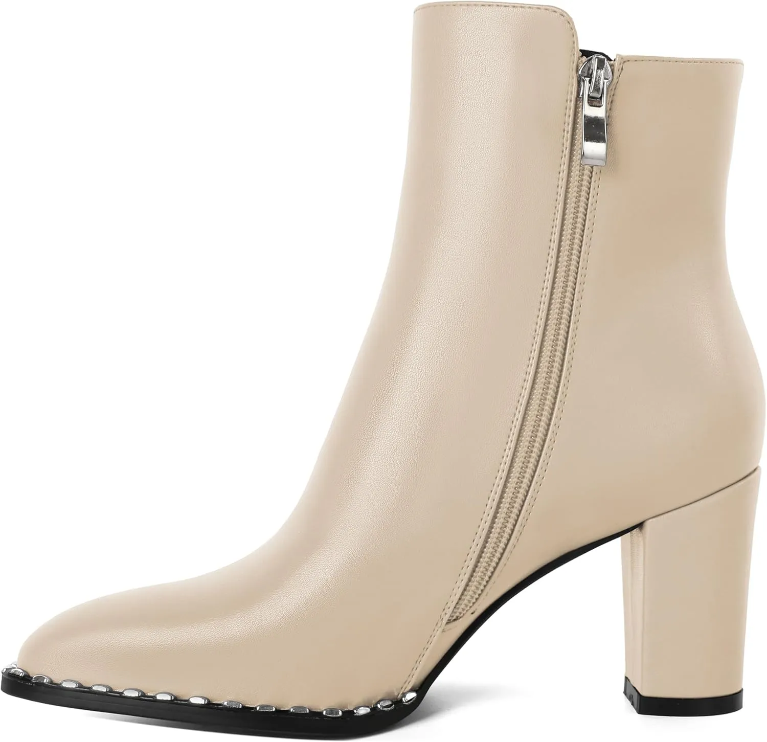 Zamikoo Chunky Heel Ankle Boots for Women Round Toe Beaded Heel Short Booties Fall Heel Boots Side Zipper 3 Inches