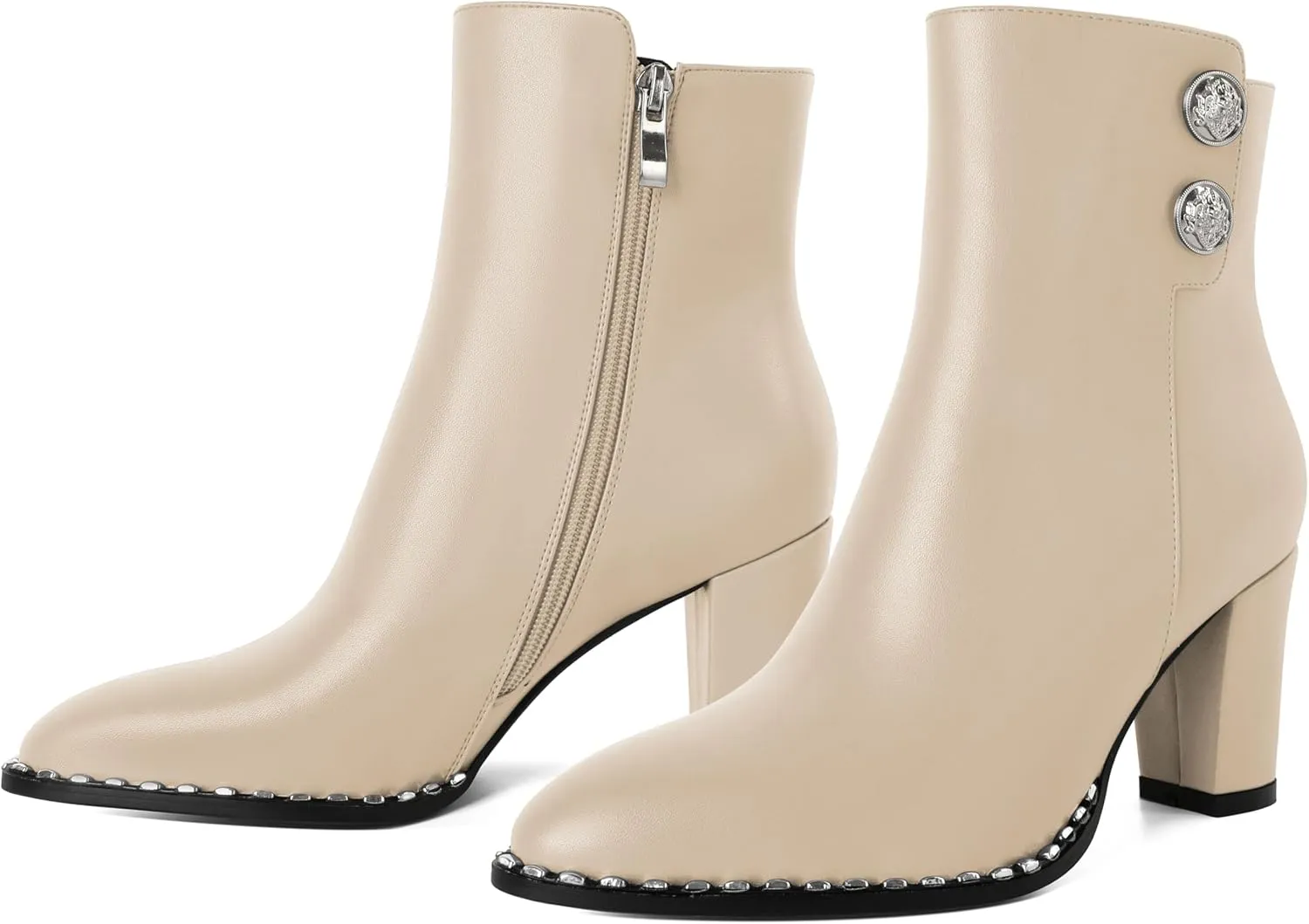 Zamikoo Chunky Heel Ankle Boots for Women Round Toe Beaded Heel Short Booties Fall Heel Boots Side Zipper 3 Inches