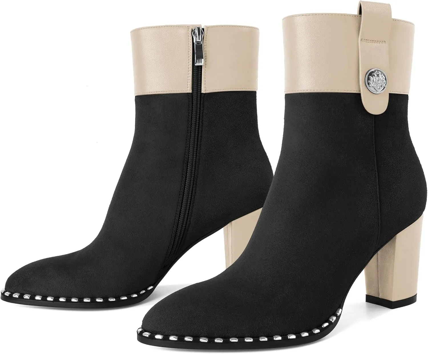 Zamikoo Women Chunky Heel Ankle Boots Round Toe Beaded Heeled Short Booties Side Zipper 3 Inches