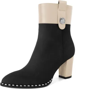 Zamikoo Women Chunky Heel Ankle Boots Round Toe Beaded Heeled Short Booties Side Zipper 3 Inches