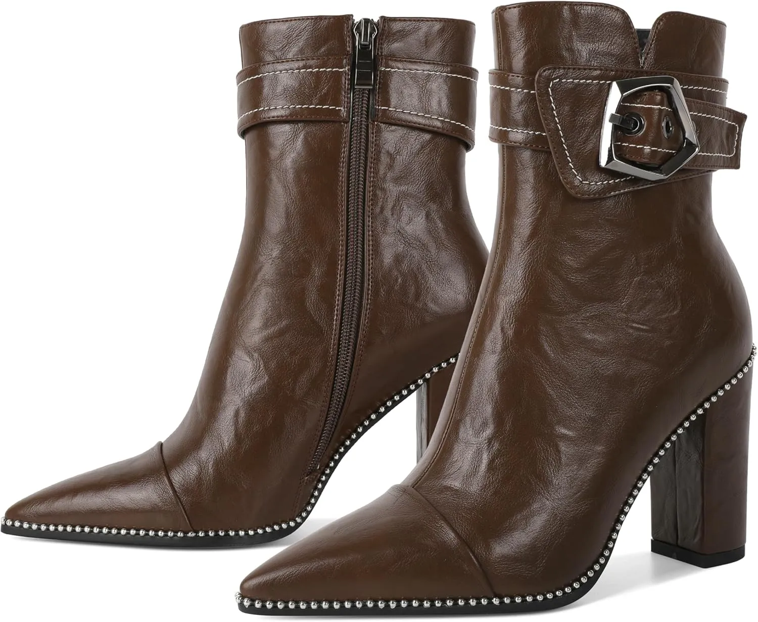 Zamikoo Womens Boots Ankle Chunky Heel Pointed Toe Beaded High Heeled Fall Short Booties