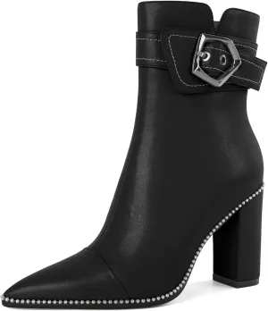 Zamikoo Womens Boots Ankle Chunky Heel Pointed Toe Beaded High Heeled Fall Short Booties