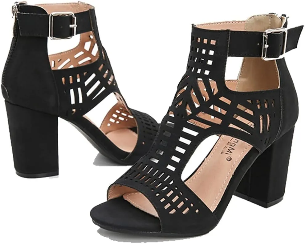 ZBYY Sandals for Women Summer Peep Toe Block Chunky Heel Sandals Cut Out Sandals Back Zipper High Heel Dressy Sandals