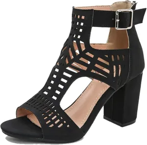 ZBYY Sandals for Women Summer Peep Toe Block Chunky Heel Sandals Cut Out Sandals Back Zipper High Heel Dressy Sandals