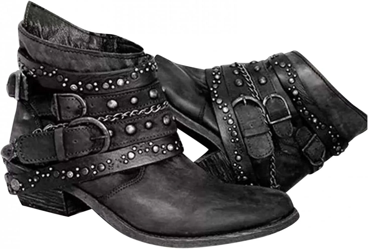 ZBYY Women's Ankle Boots Chunky Stacked Low Heeled Booties for Women Pointed Toe Retro Buckled Studded Combat Booties