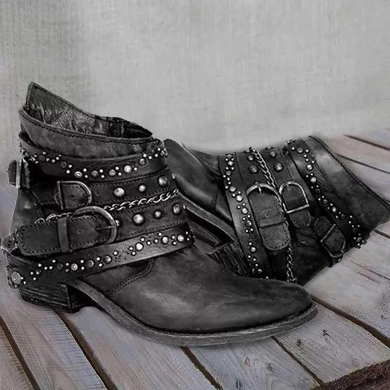 ZBYY Women's Ankle Boots Chunky Stacked Low Heeled Booties for Women Pointed Toe Retro Buckled Studded Combat Booties