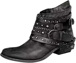 ZBYY Women's Ankle Boots Chunky Stacked Low Heeled Booties for Women Pointed Toe Retro Buckled Studded Combat Booties