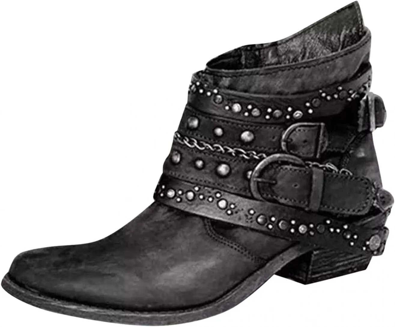 ZBYY Women's Ankle Boots Chunky Stacked Low Heeled Booties for Women Pointed Toe Retro Buckled Studded Combat Booties