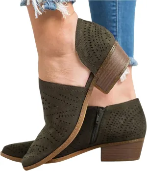 ZBYY Women's Ankle Boots Low Heels Chunky Cutout Booties Closed Toe Perforated V Cut Western Shoes Slip-on Short Boots