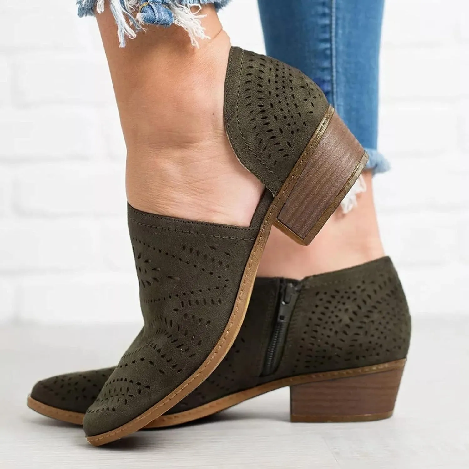 ZBYY Women's Ankle Boots Low Heels Chunky Cutout Booties Closed Toe Perforated V Cut Western Shoes Slip-on Short Boots