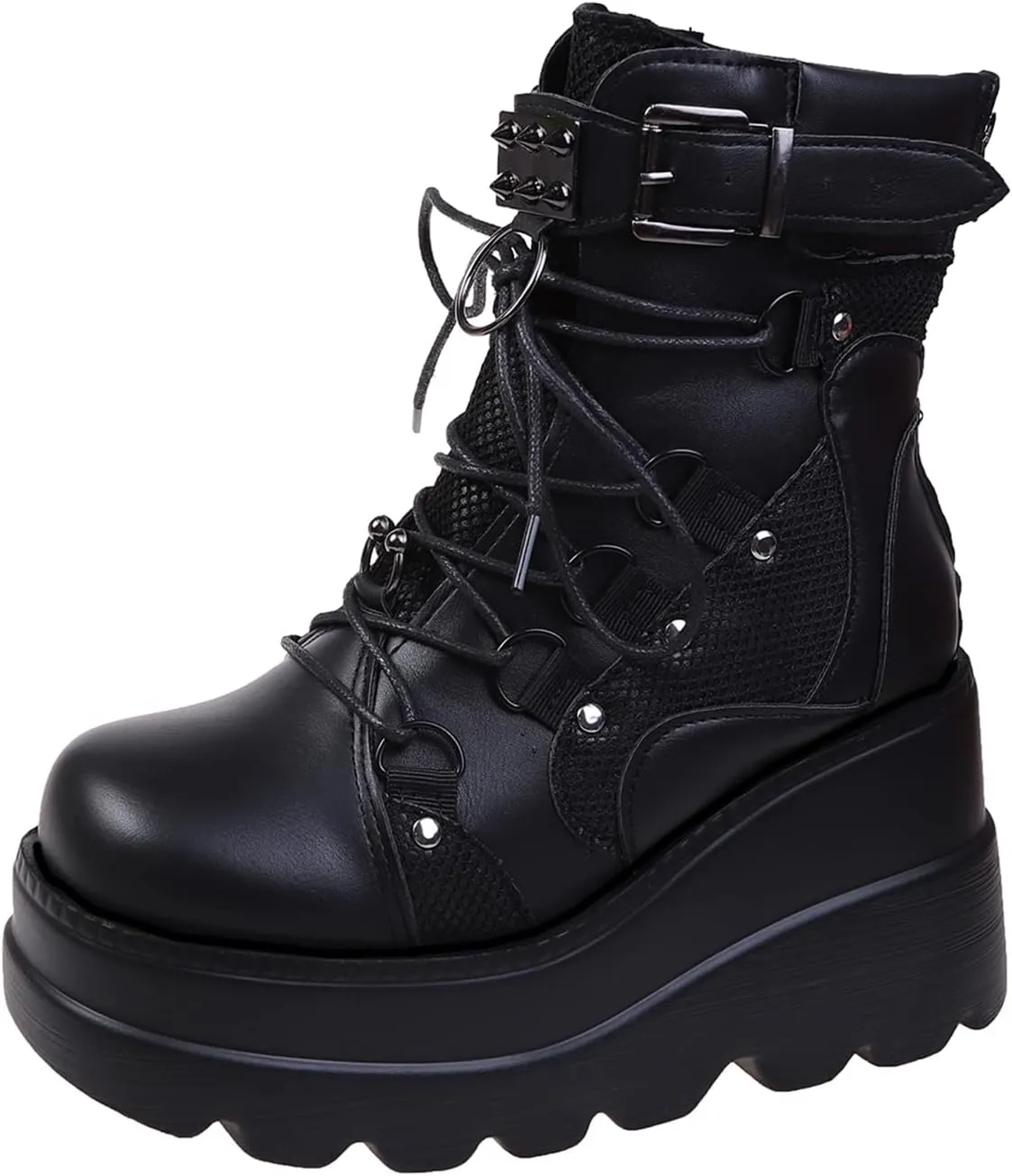 ZBYY Women's Lace Up Combat Booties Wedge Platform Mid Calf Military Booties Goth Buckle Strap Winter Ankle Boots