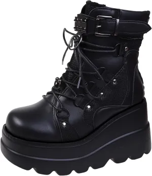 ZBYY Women's Lace Up Combat Booties Wedge Platform Mid Calf Military Booties Goth Buckle Strap Winter Ankle Boots