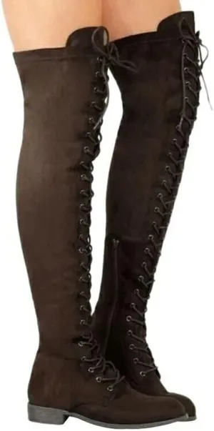 ZBYY Women's Over The Knee Low Heel Lace Up Tall Boots Fashion Side Zipper Thigh High Stretchy Boots Casual Riding Booties
